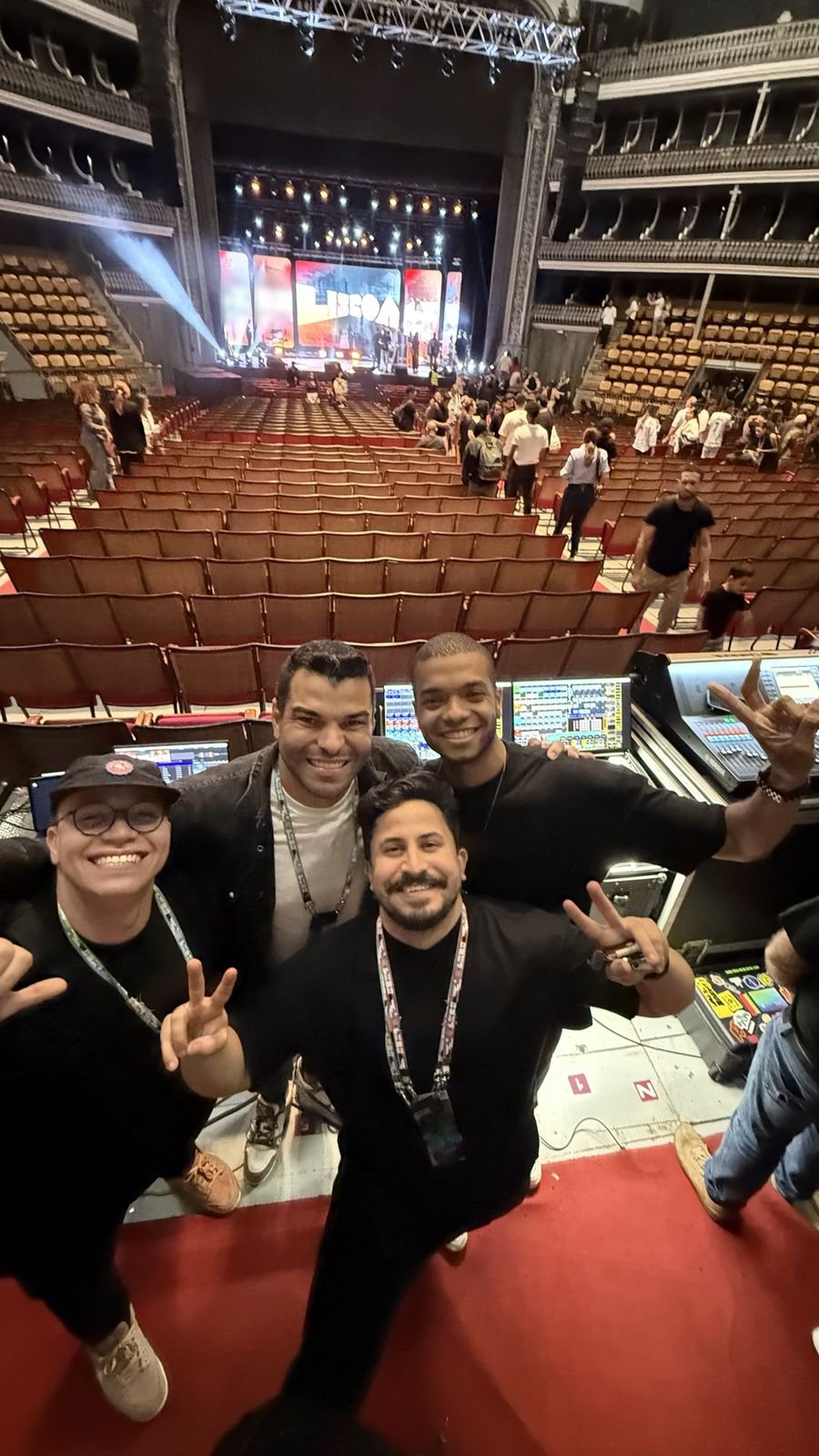 Crew selfie at the sound desk of the Coliseu dos Recreios in Lisbon